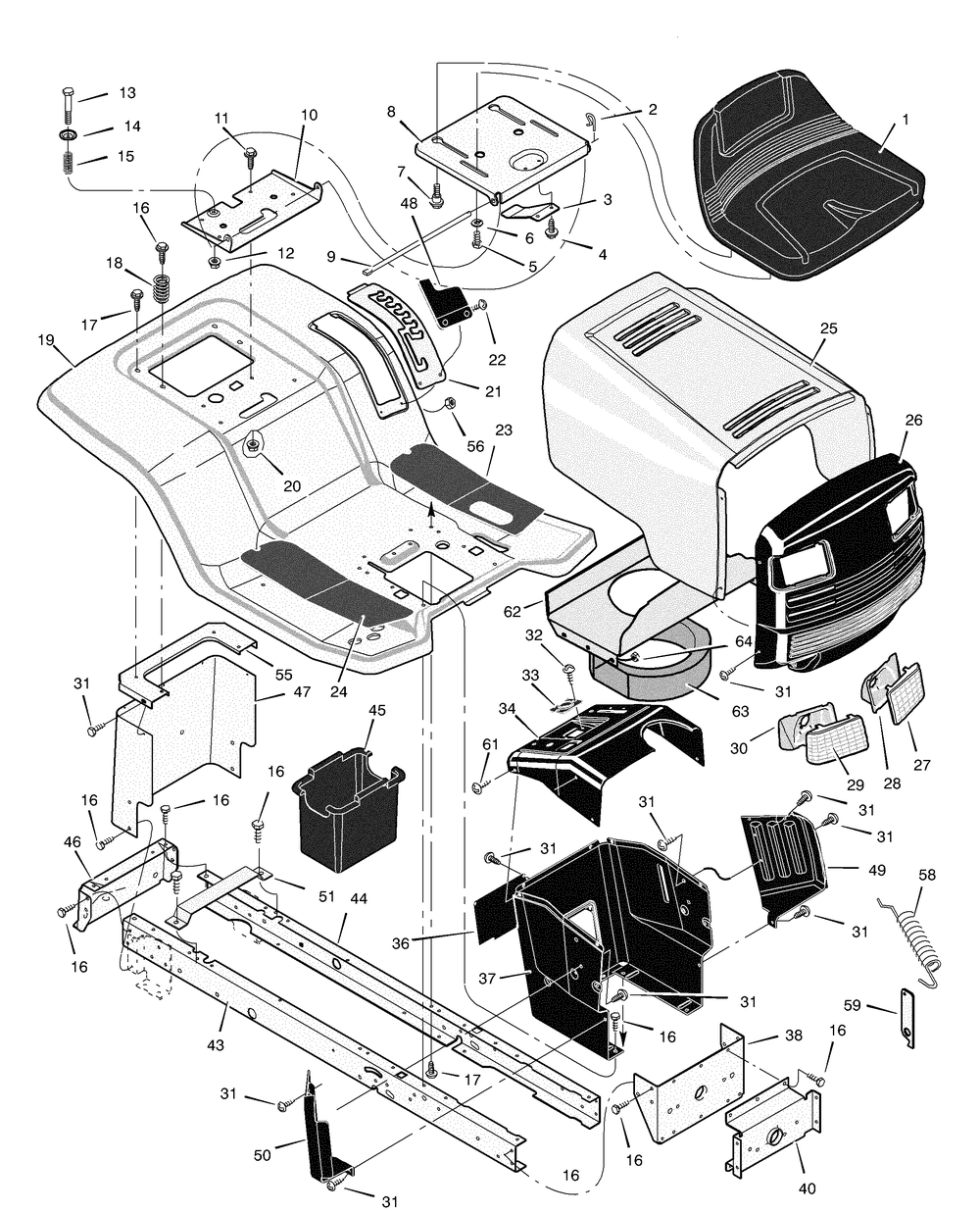Chassis And Hood Diagram and Parts List for 425013X92A 2003 Briggs and Stratton Lawn Tractor